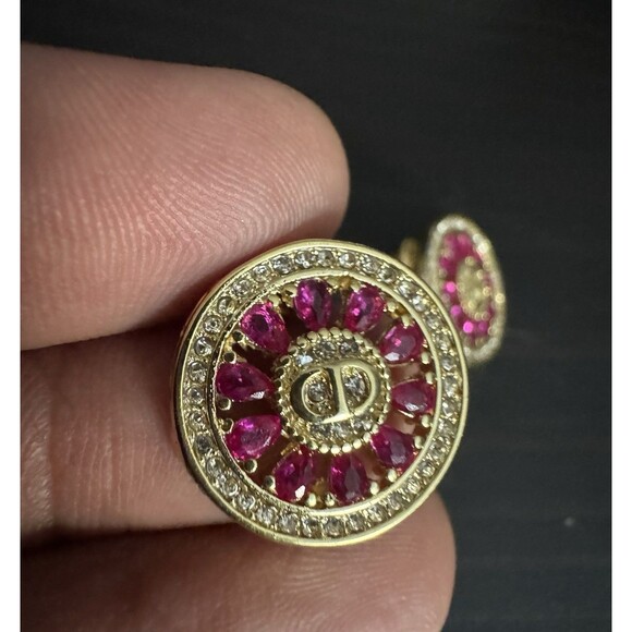 Christian Dior Stamped CD Authentic Magenta Crystals Medallion Stud Earrings - Picture 6 of 16